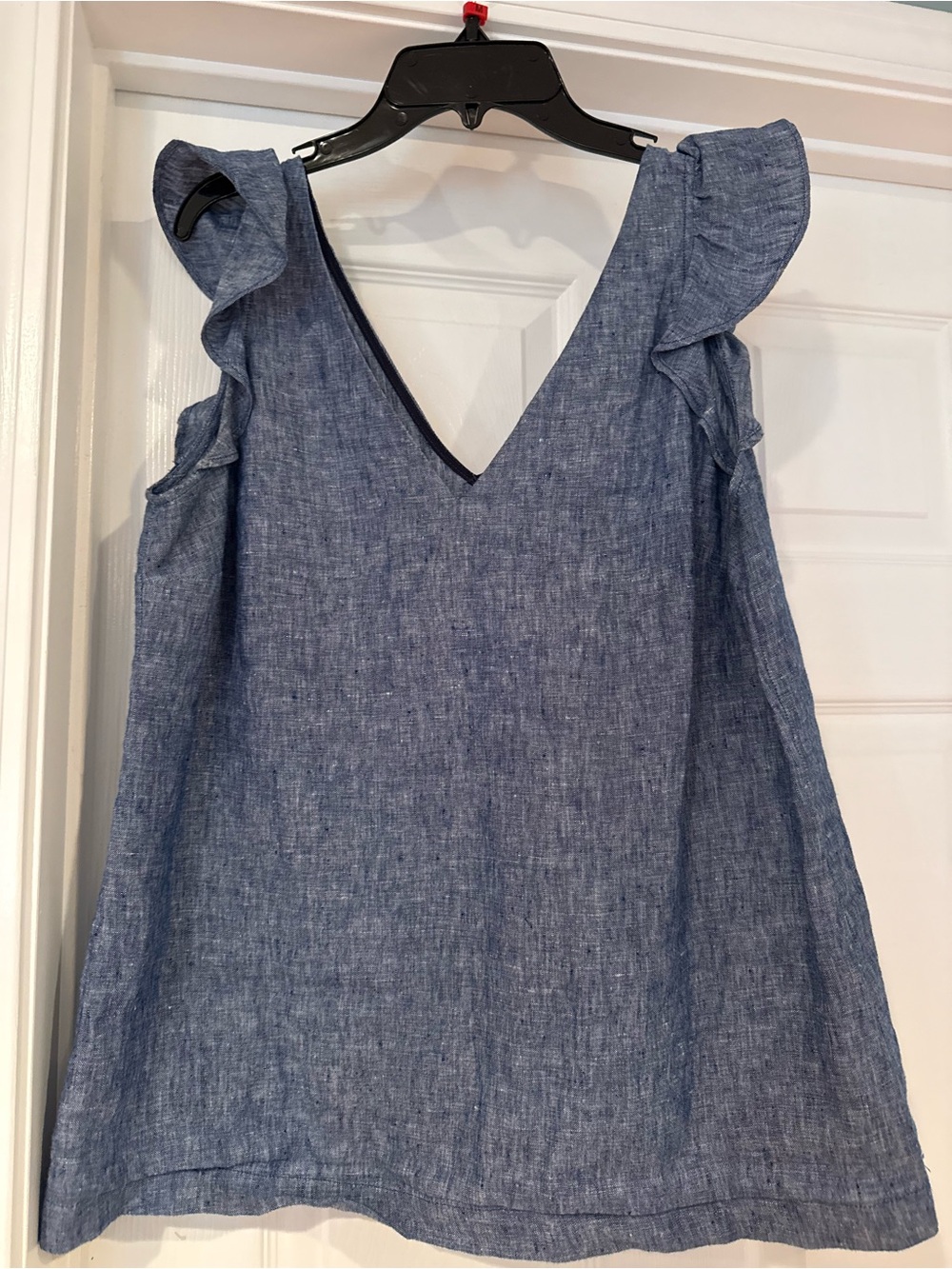 Boden Blue Chambray Ruffle Shoulder Tank